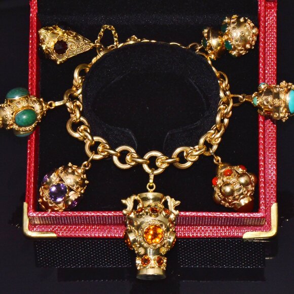 Estate Italian Etruscan Solid 18K Gold Citrine Turquoise Charm Fob Bracelet - Picture 9 of 14